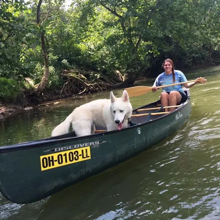 woman with her dog canoeing