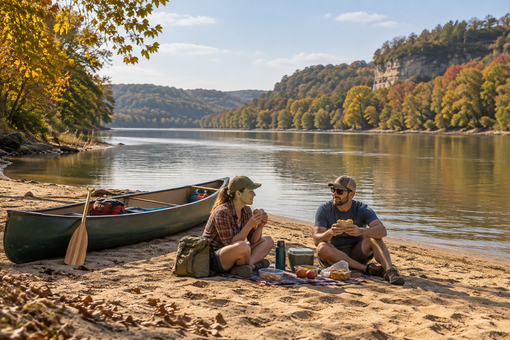 Canoe rental stop on a sandbar during fall paddling in Hocking Hills Ohio